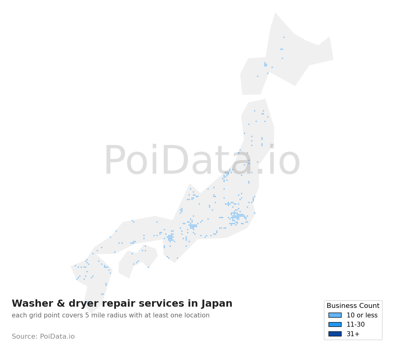 Washer & dryer repair service density map for Japan