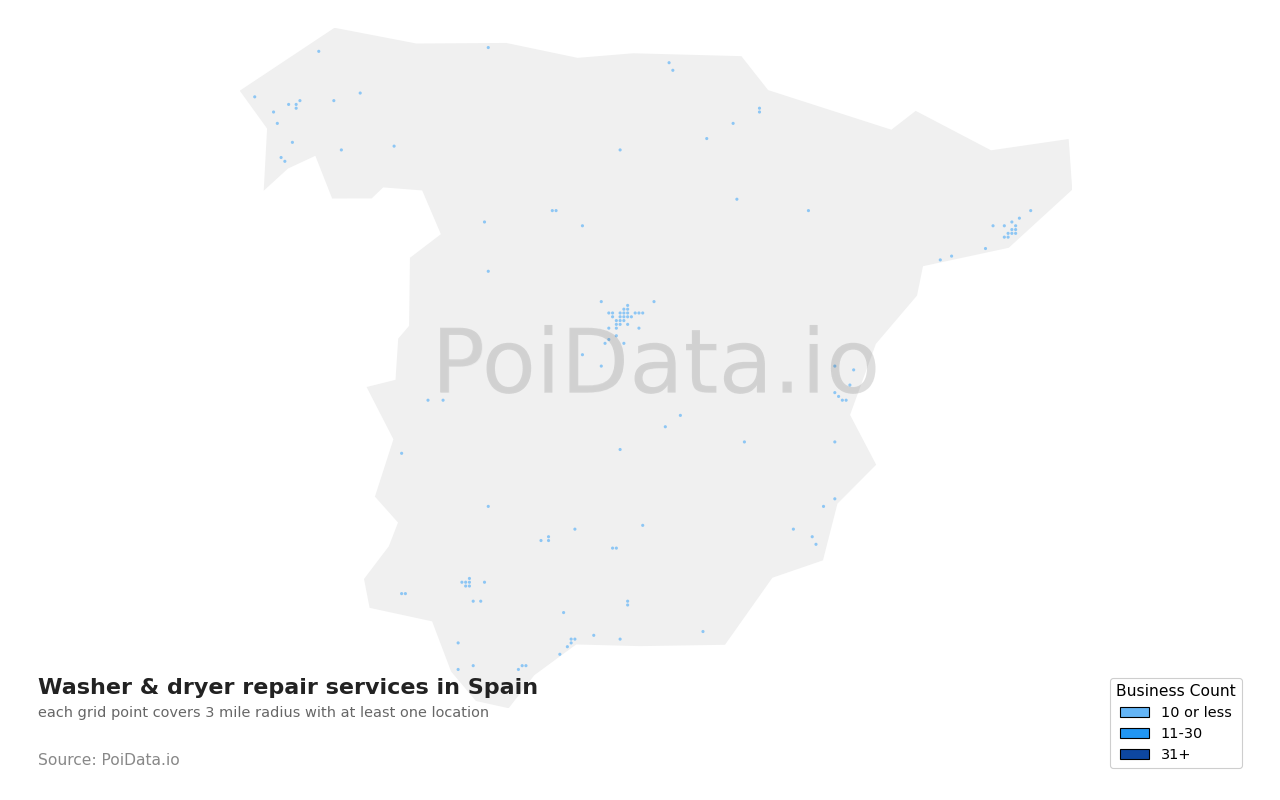 Washer & dryer repair service density map for Spain