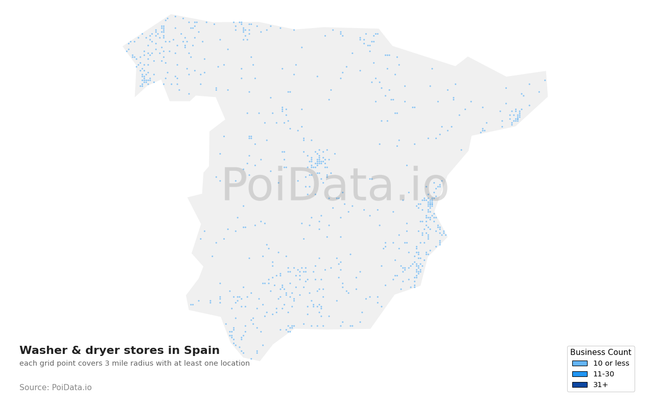 Washer & dryer store density map for Spain