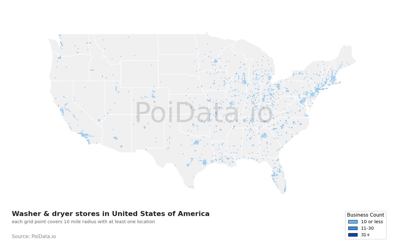 Washer & dryer store density map for United States