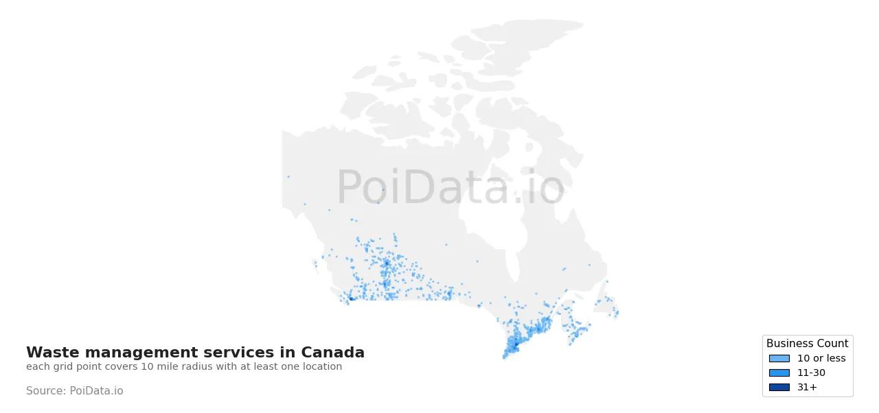 Waste management service density map for Canada