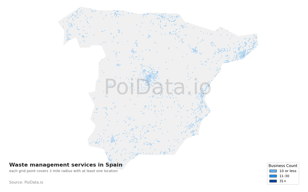 Waste management service density map for Spain