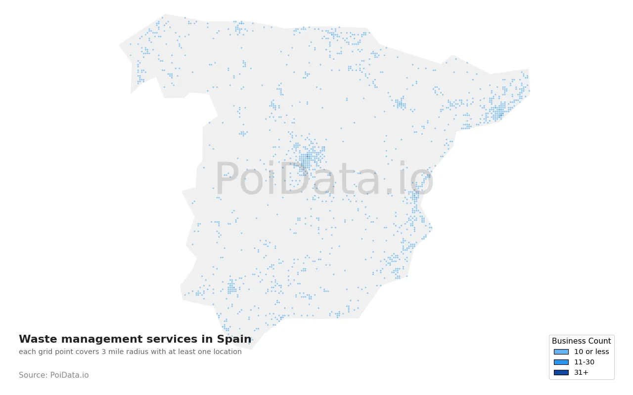 Waste management service density map for Spain