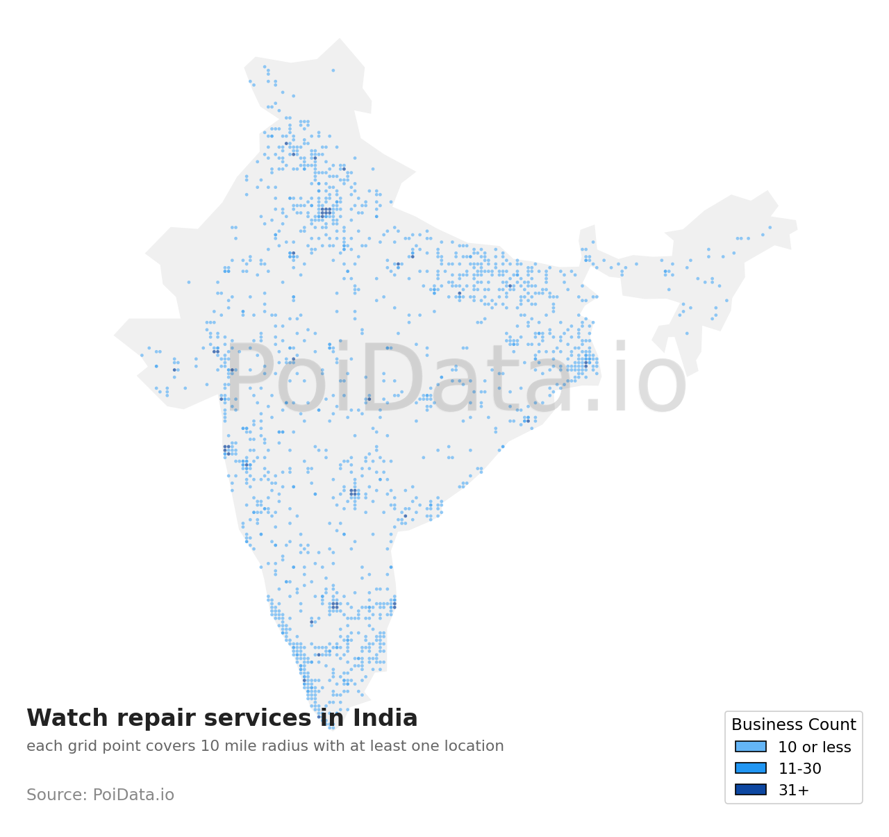 Watch repair service density map for India