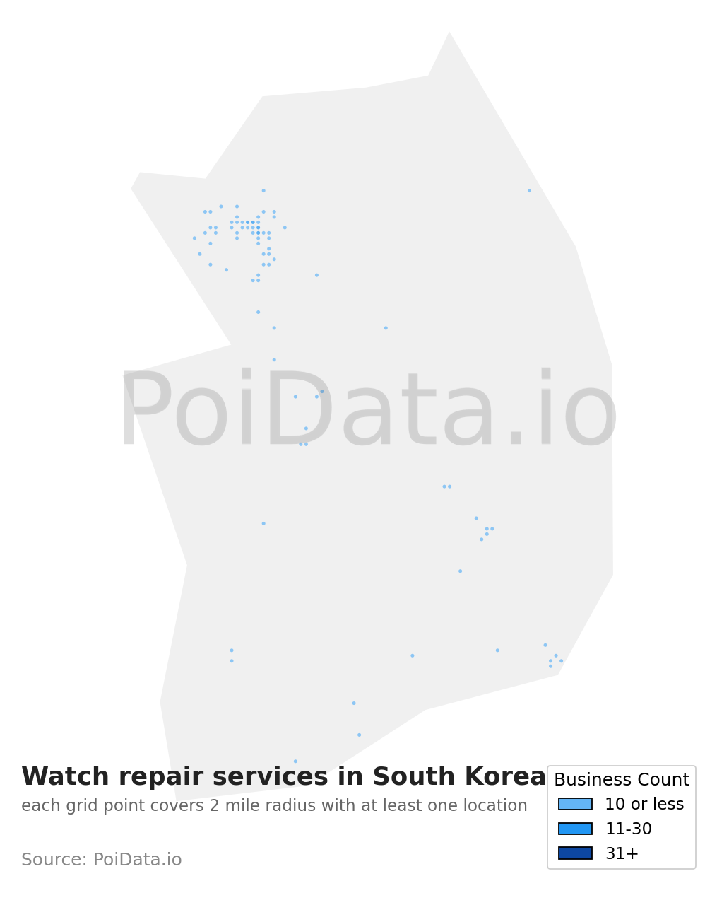 Watch repair service density map for South Korea