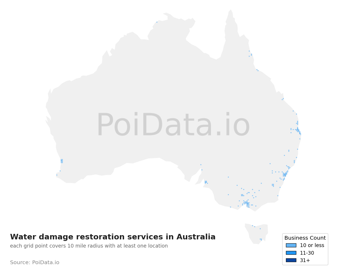 Water damage restoration service density map for Australian Capital Territory, Australia