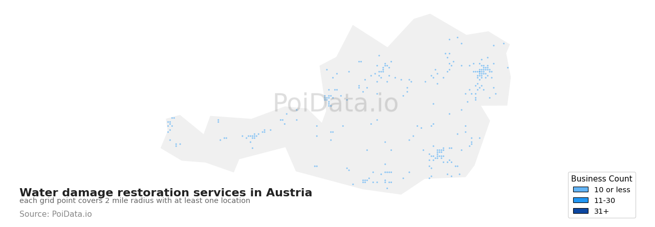 Water damage restoration service density map for Austria