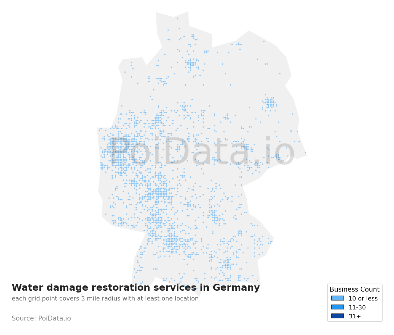 Water damage restoration service density map for Germany