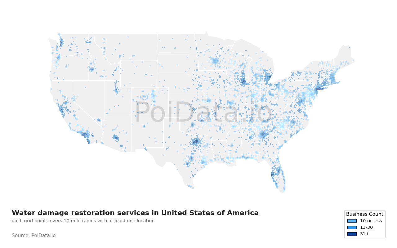 Water damage restoration service density map for United States