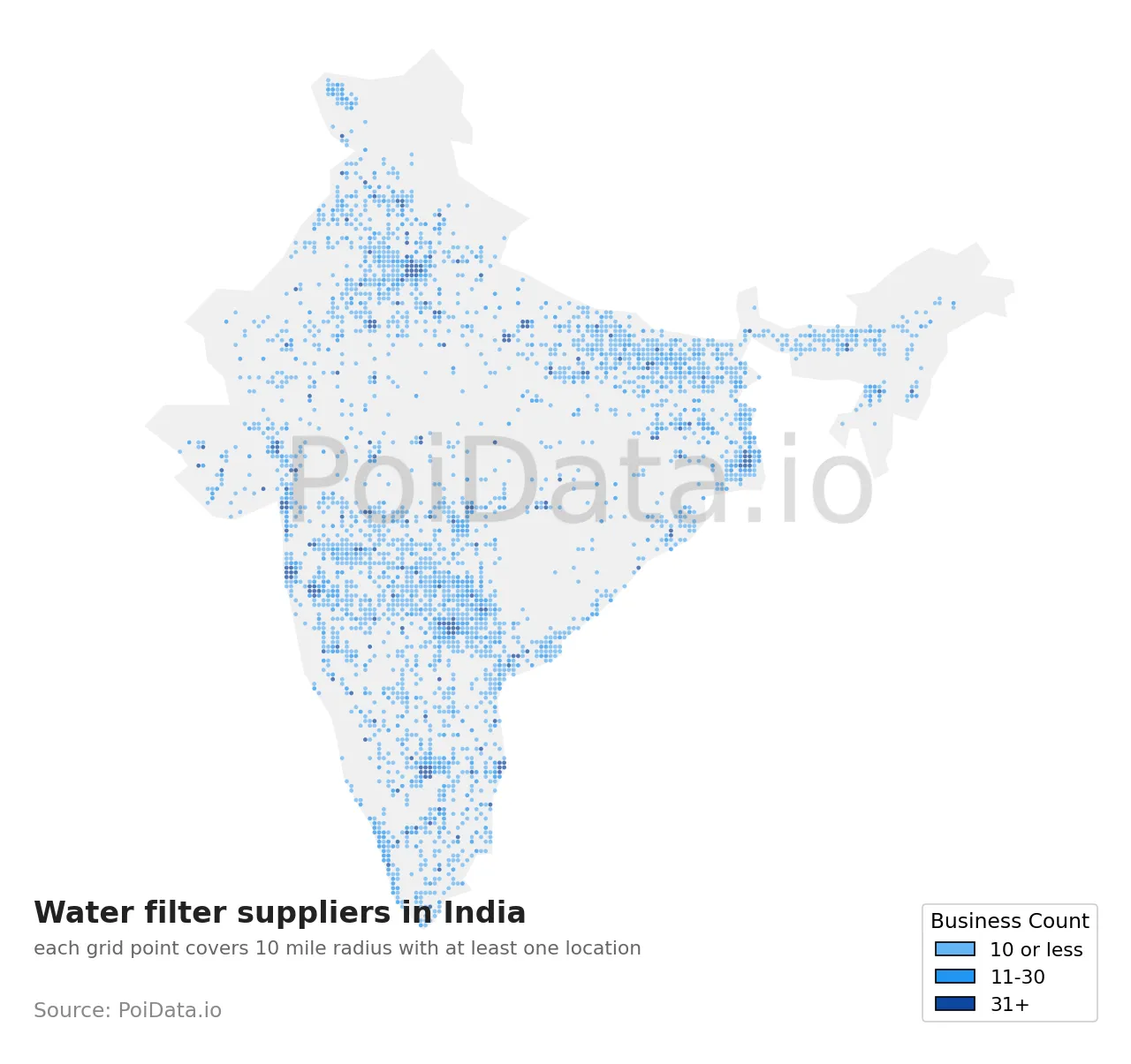 Water filter supplier density map for India