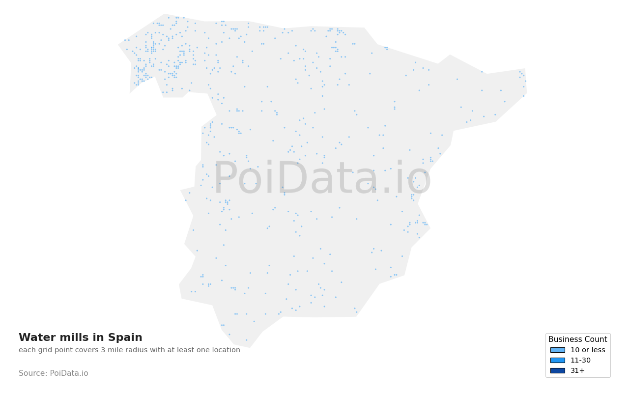 Water mill density map for Spain