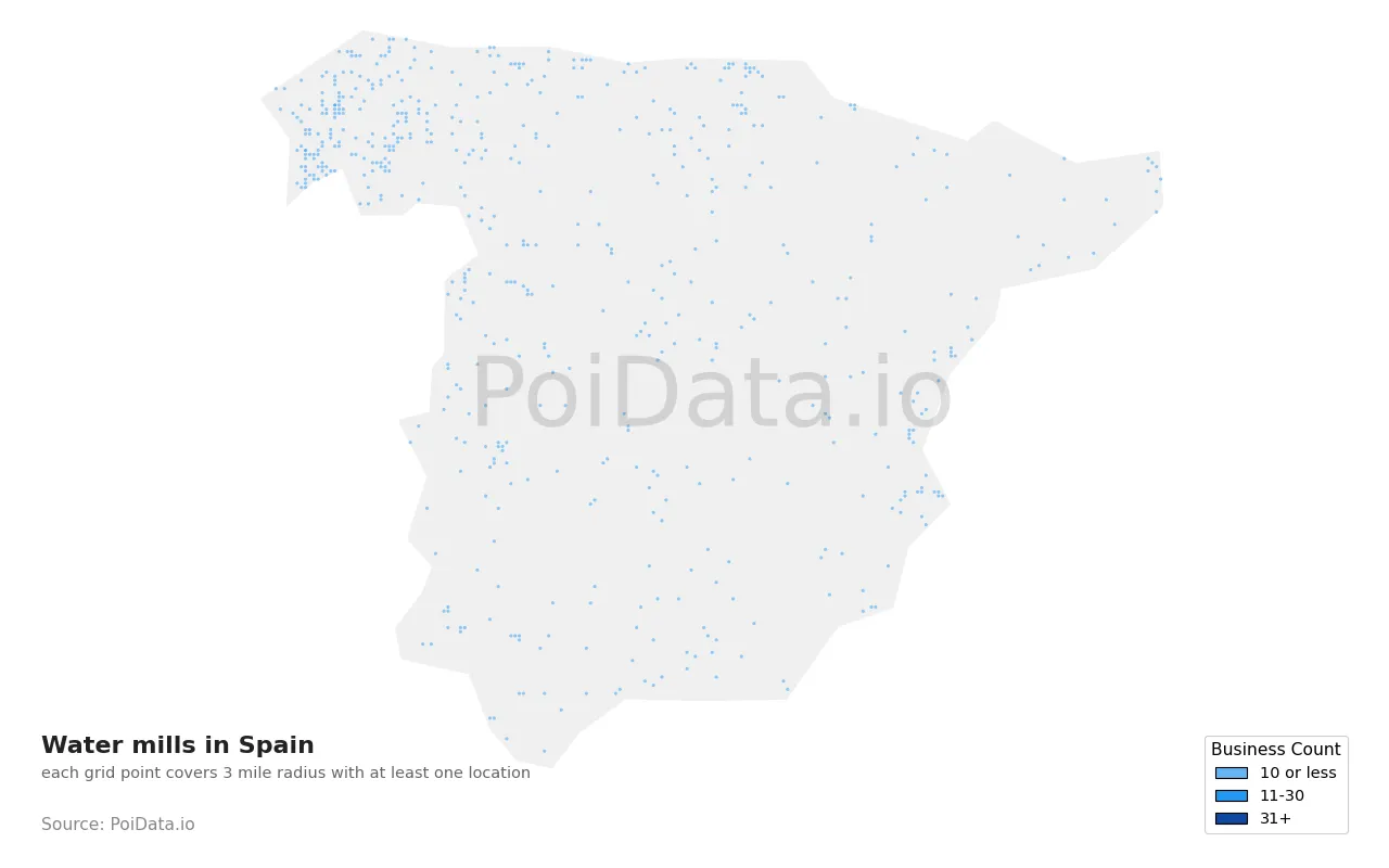 Water mill density map for Spain