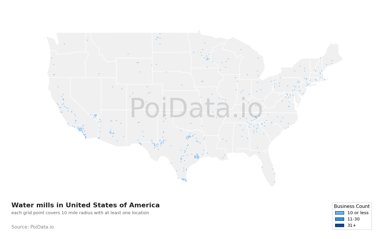Water mill density map for Nevada, United States