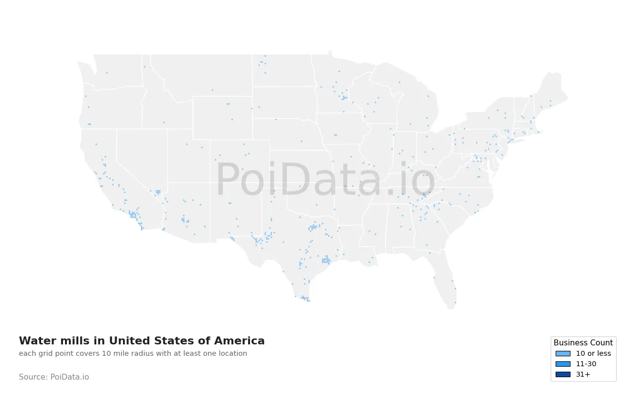 Water mill density map for United States