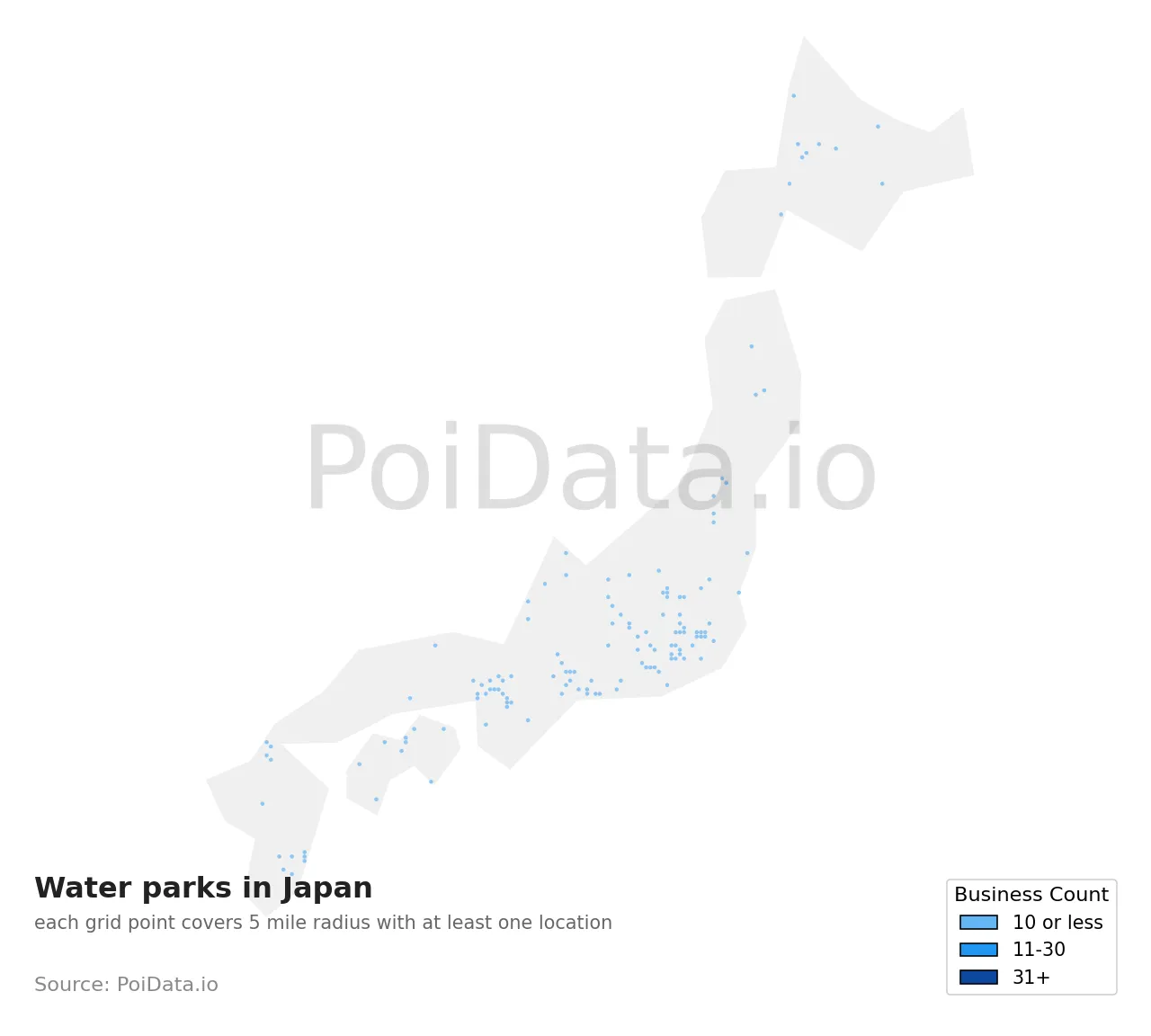 Water park density map for Japan