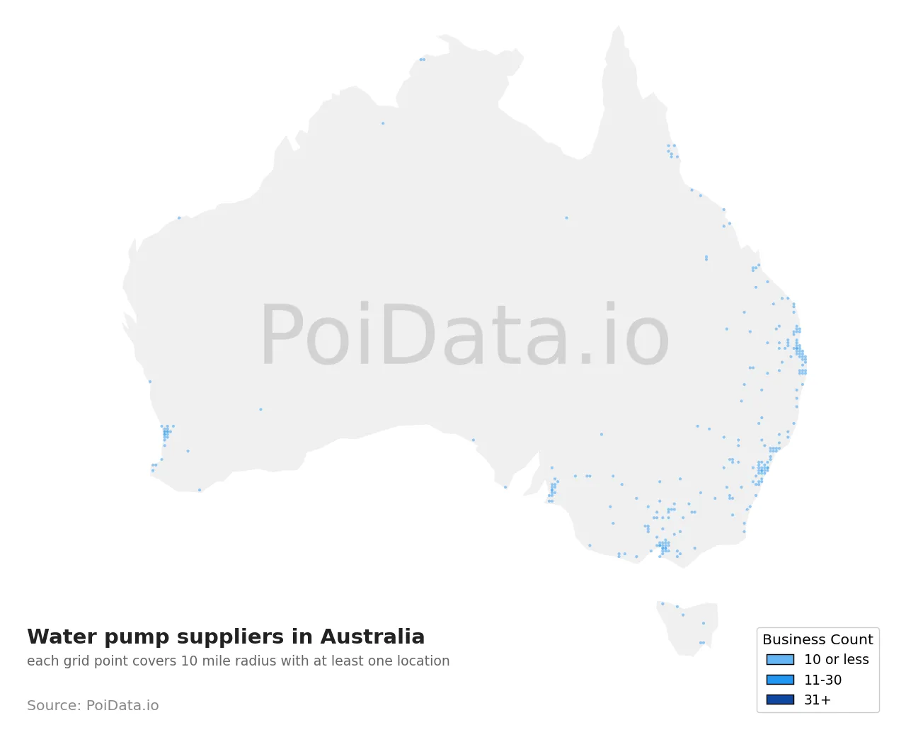 Water pump supplier density map for Australia