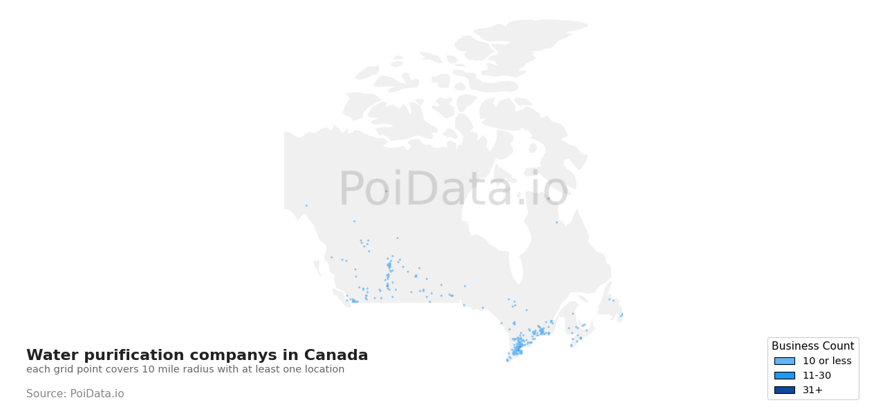 Water purification company density map for Saskatchewan, Canada