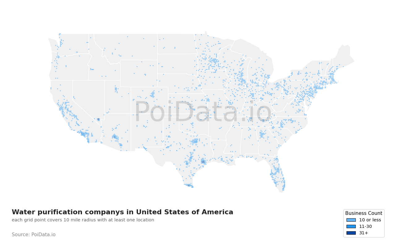 Water purification company density map for North Carolina, United States