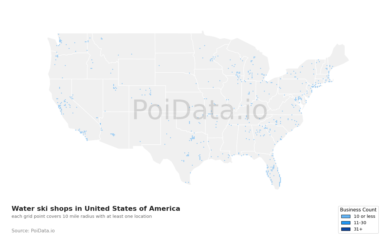 Water ski shop density map for North Carolina, United States
