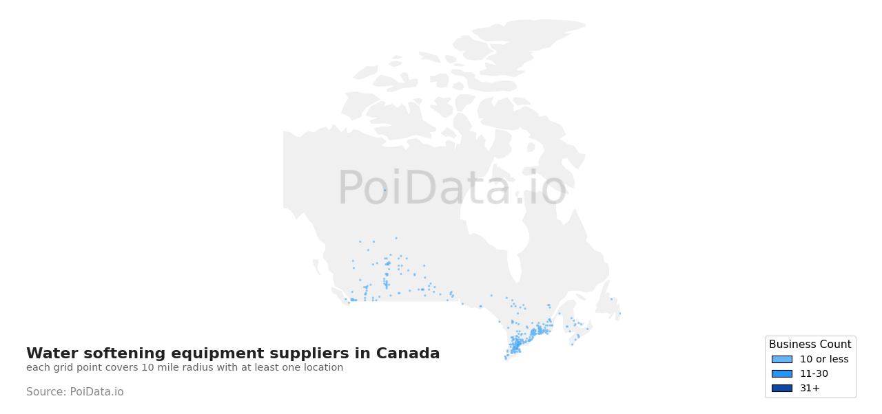 Water softening equipment supplier density map for Canada