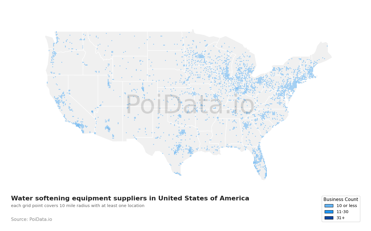 Water softening equipment supplier density map for Washington, United States