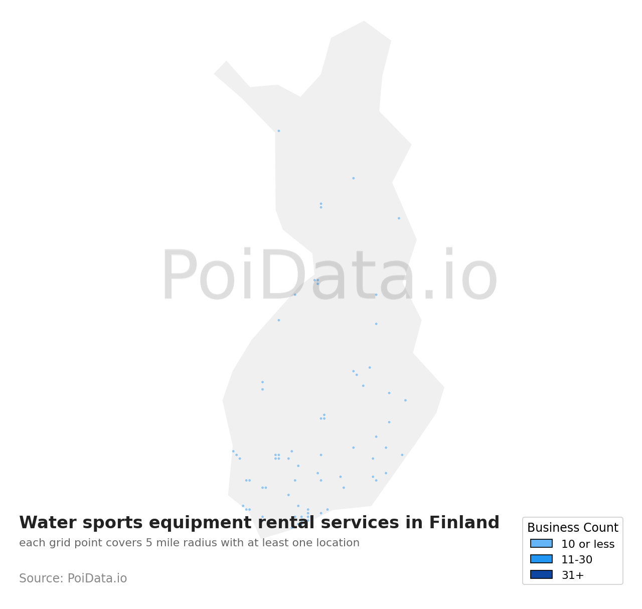 Water sports equipment rental service density map for Finland