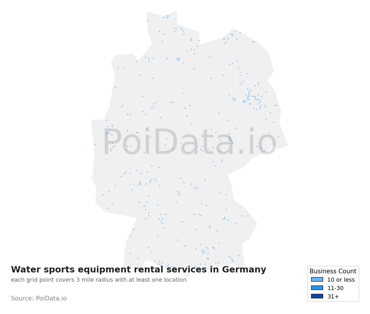 Water sports equipment rental service density map for Germany