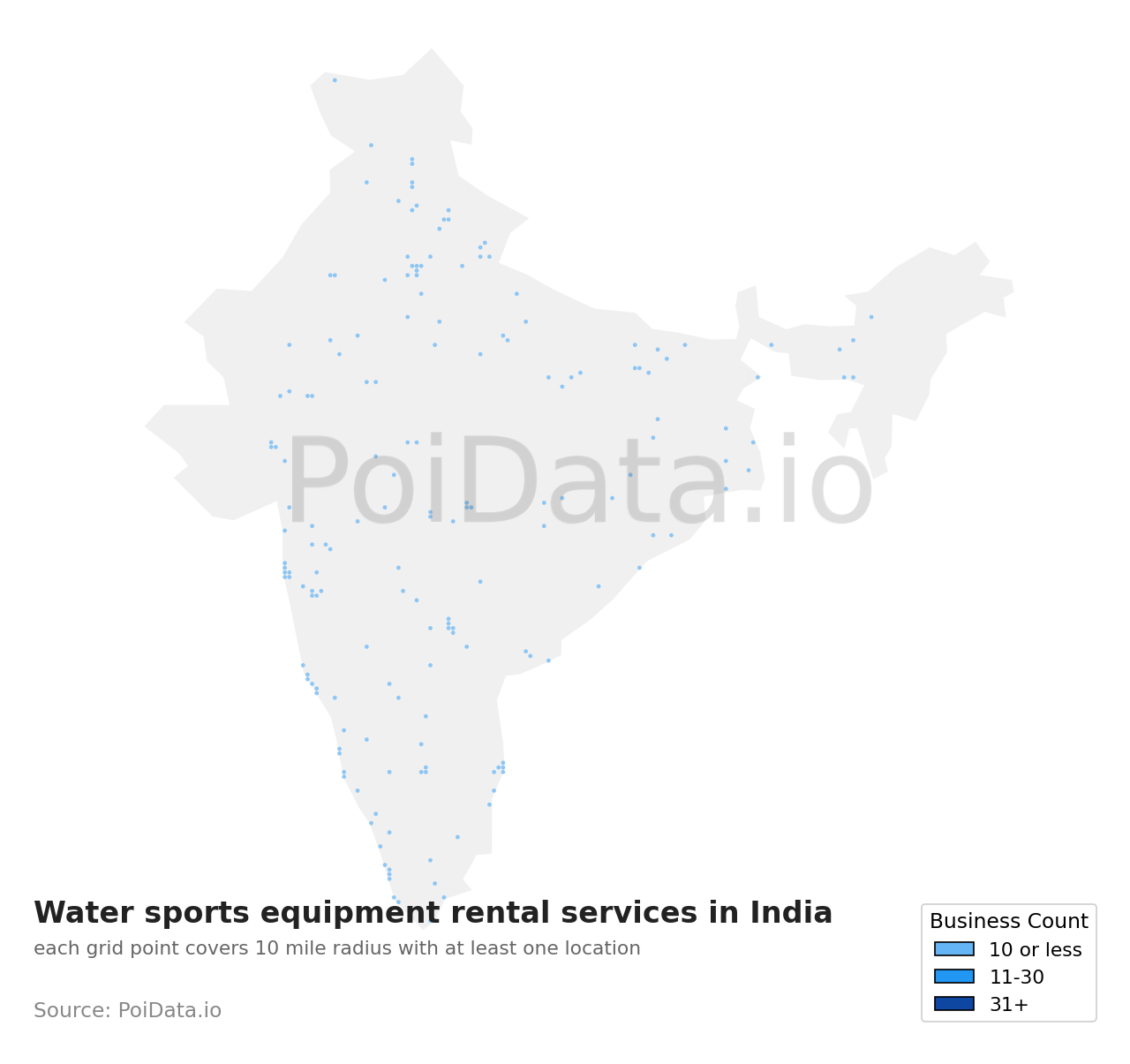 Water sports equipment rental service density map for India