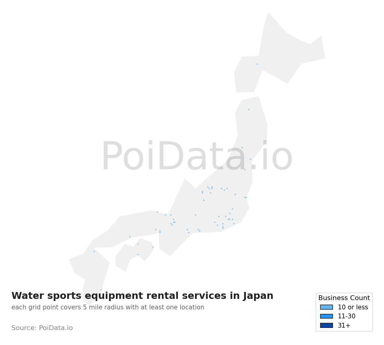 Water sports equipment rental service density map for Japan