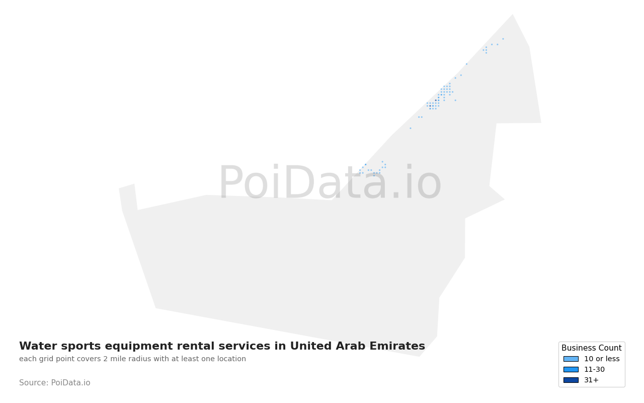 Water sports equipment rental service density map for United Arab Emirates