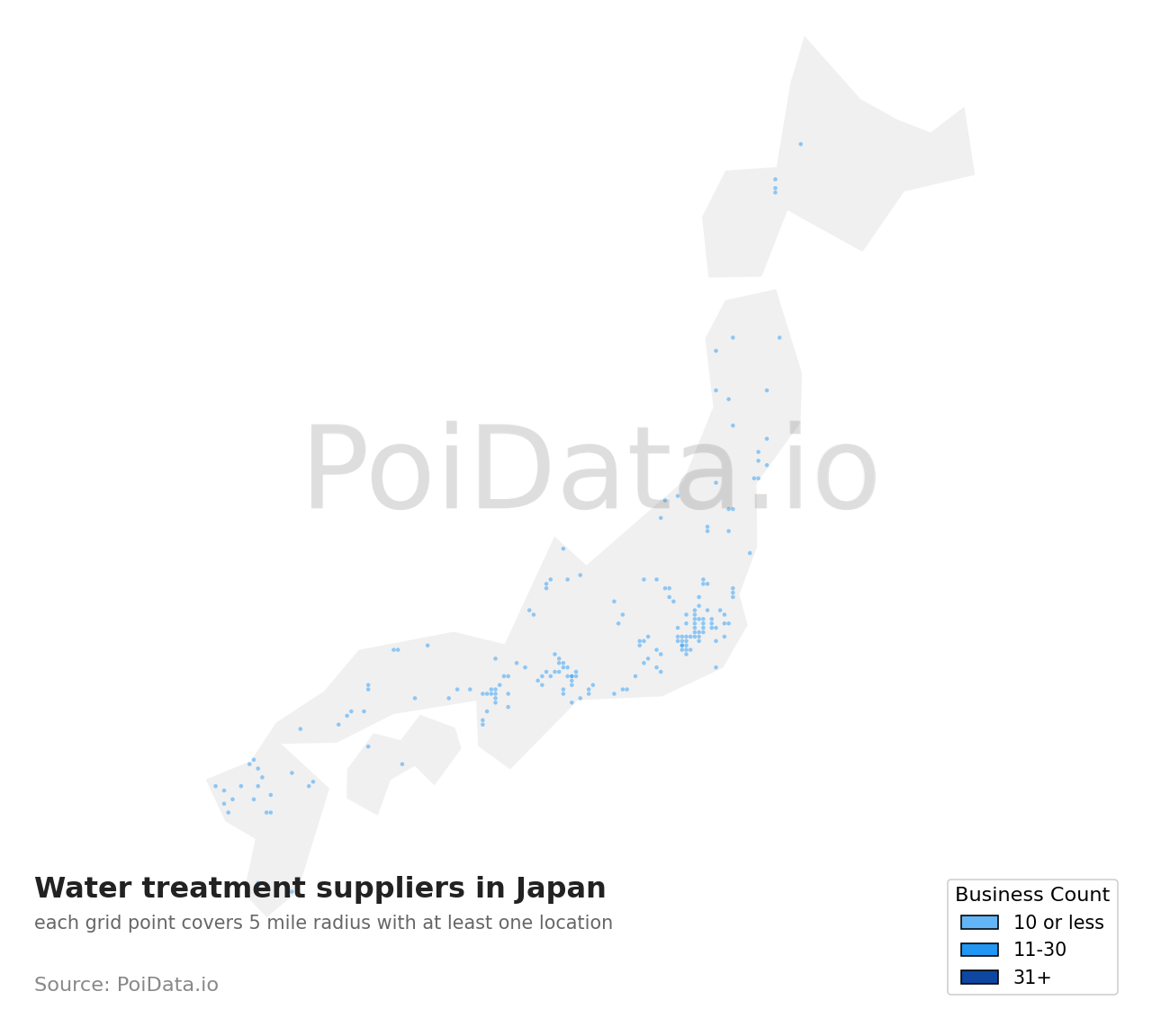 Water treatment supplier density map for Japan