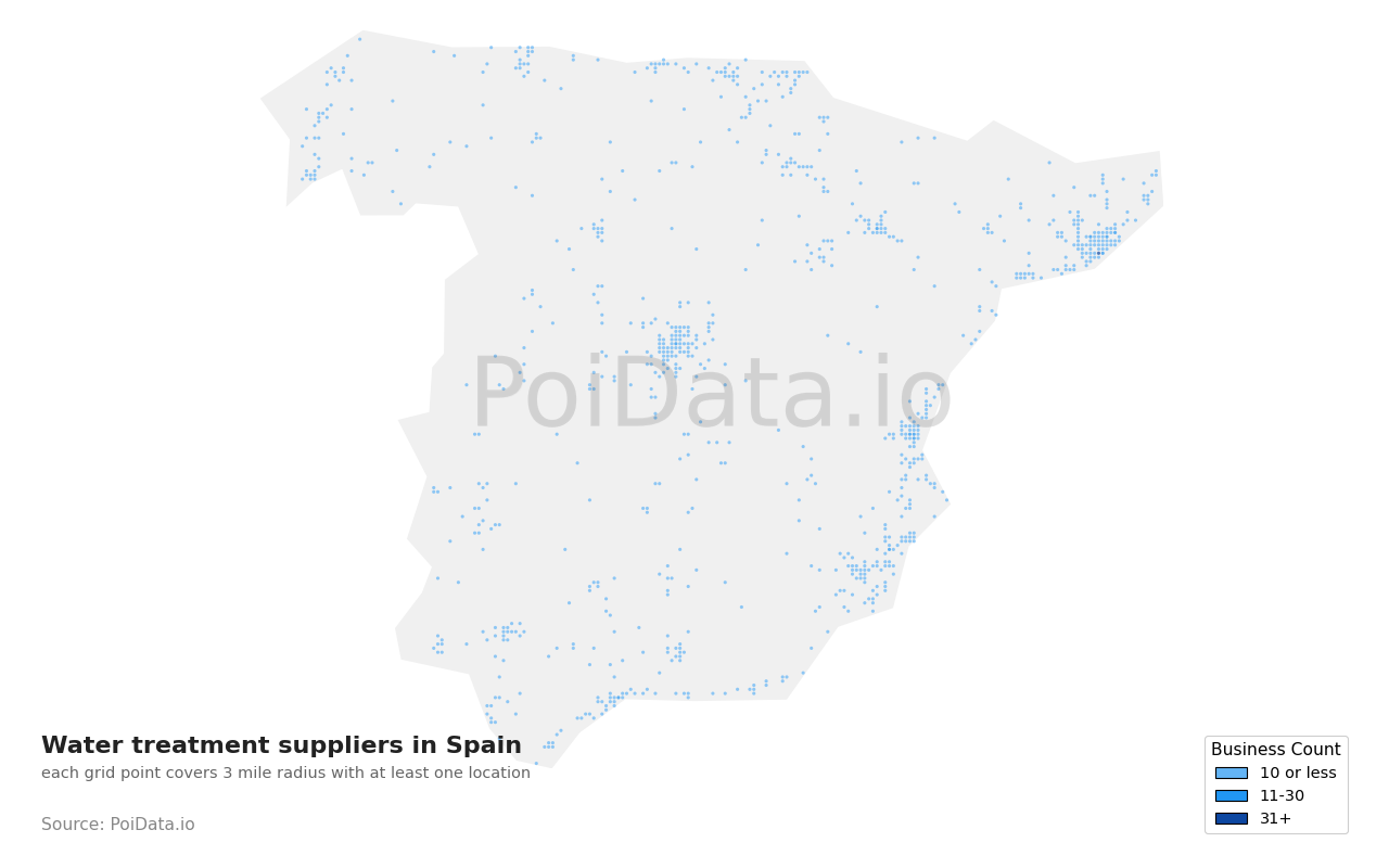 Water treatment supplier density map for Spain