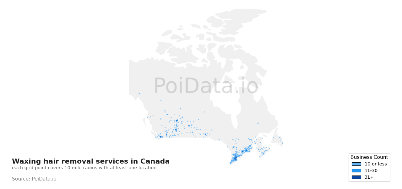 Waxing hair removal service density map for Canada