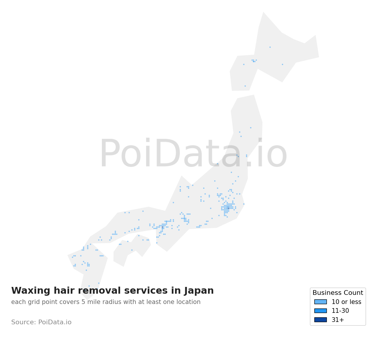 Waxing hair removal service density map for Japan