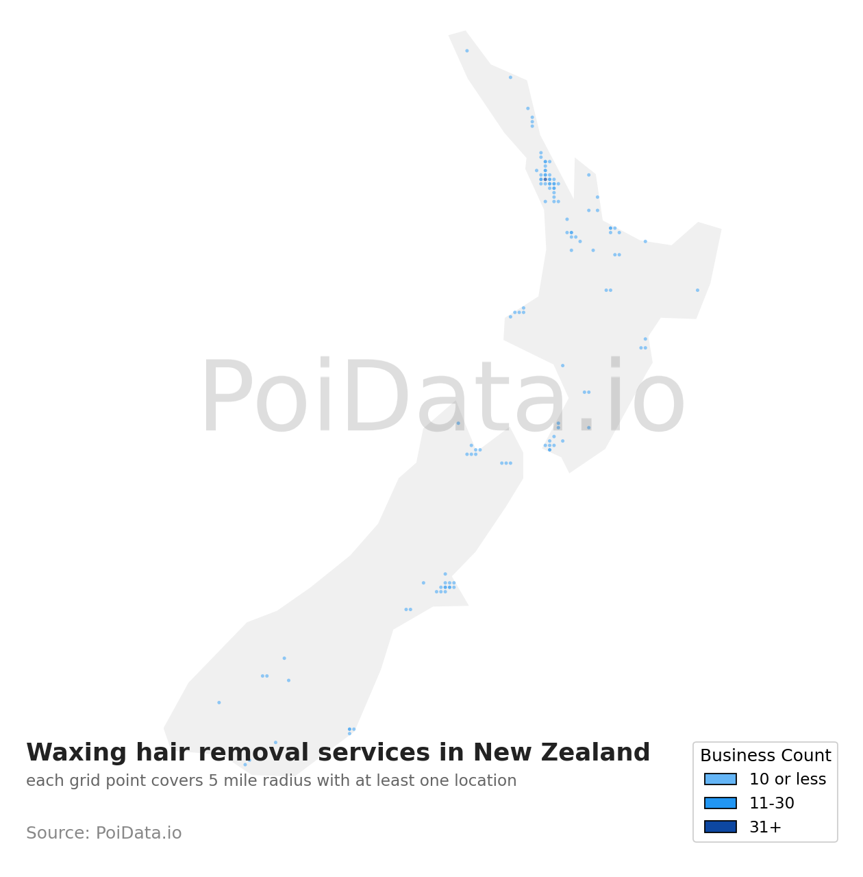 Waxing hair removal service density map for New Zealand