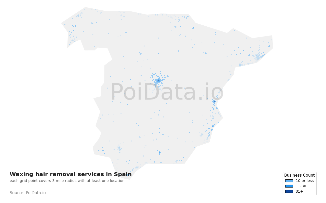 Waxing hair removal service density map for Spain
