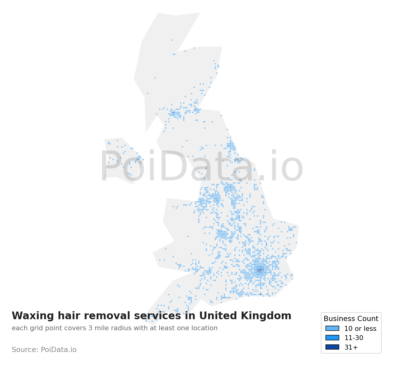 Waxing hair removal service density map for United Kingdom
