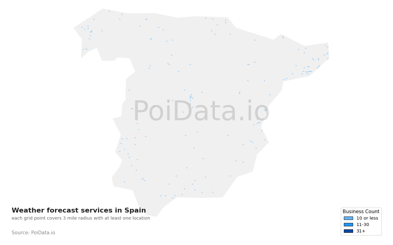 Weather forecast service density map for Spain
