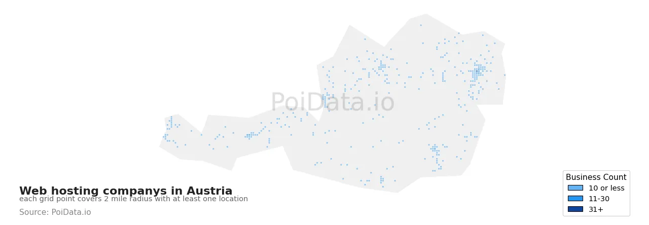 Web hosting company density map for Austria