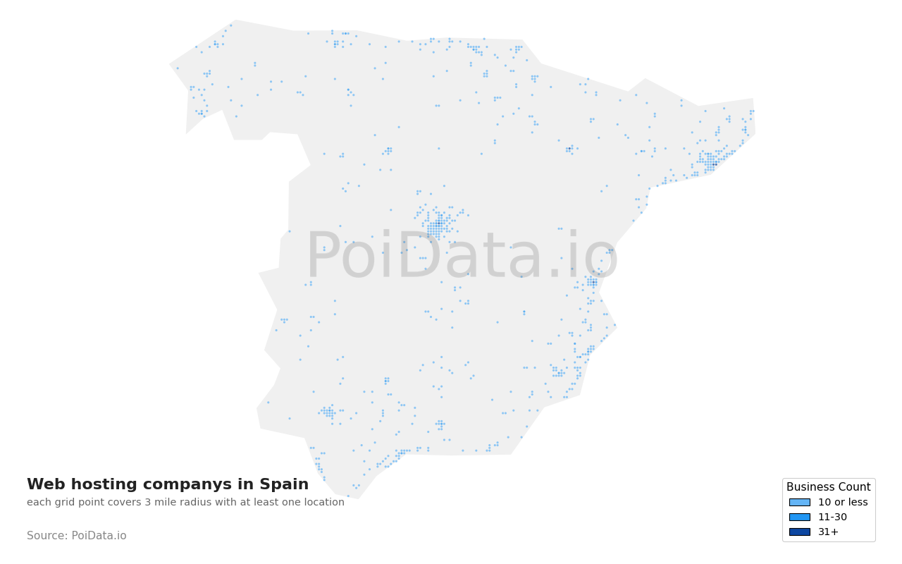 Web hosting company density map for Spain