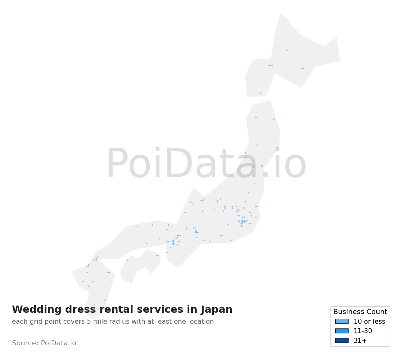 Wedding dress rental service density map for Kyoto, Japan
