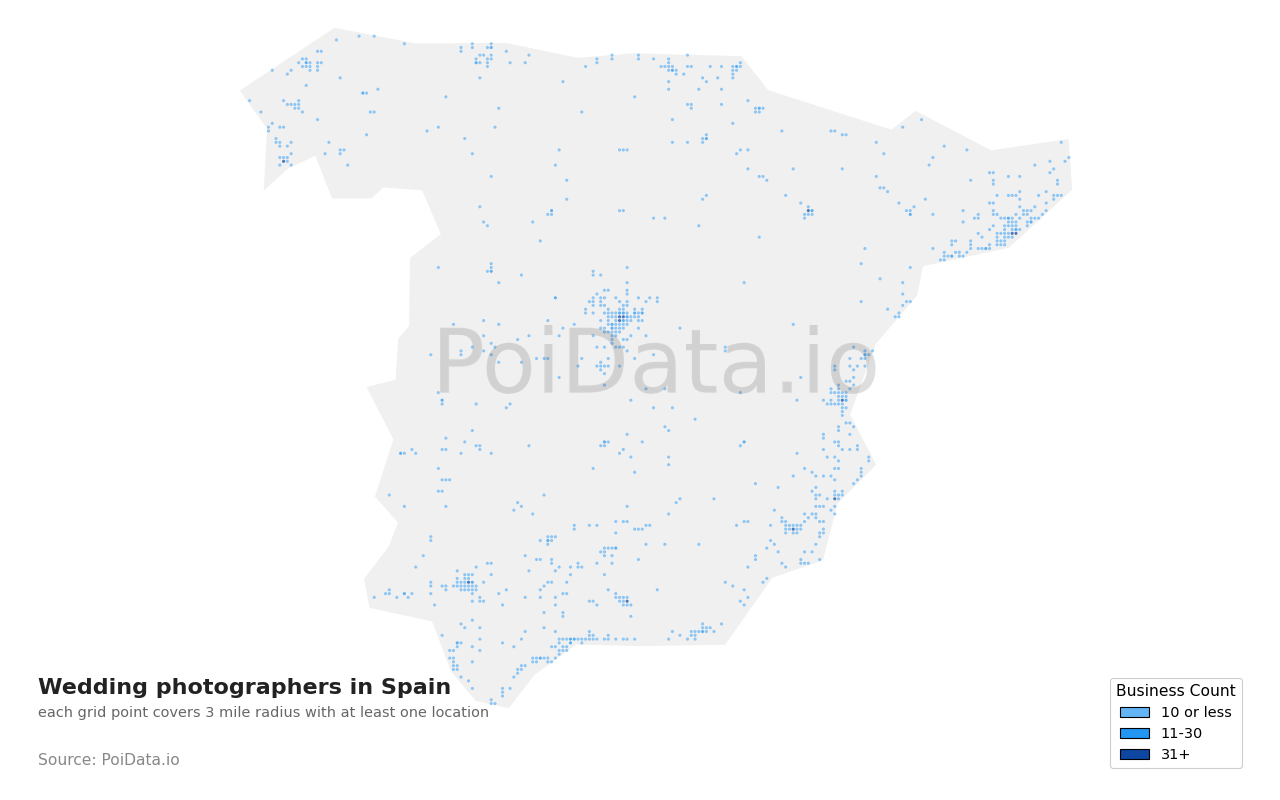 Wedding photographer density map for Spain