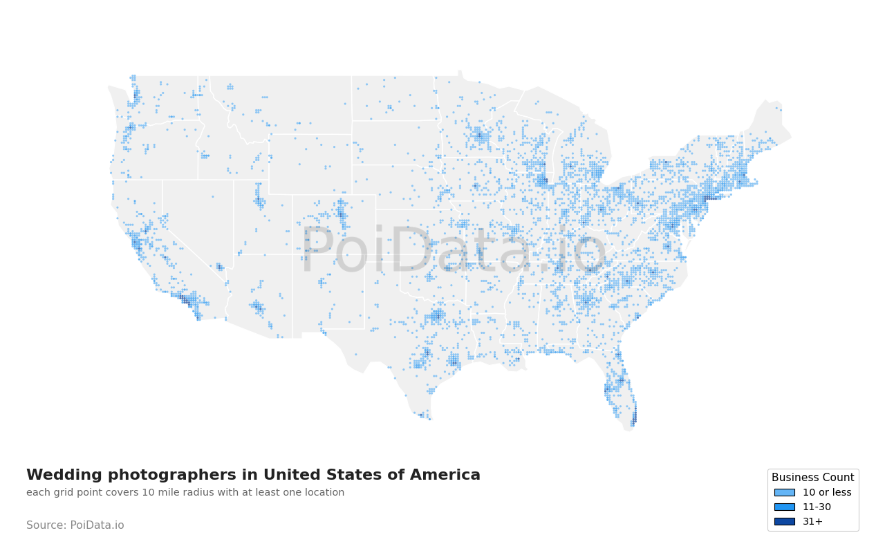 Wedding photographer density map for Florida, United States