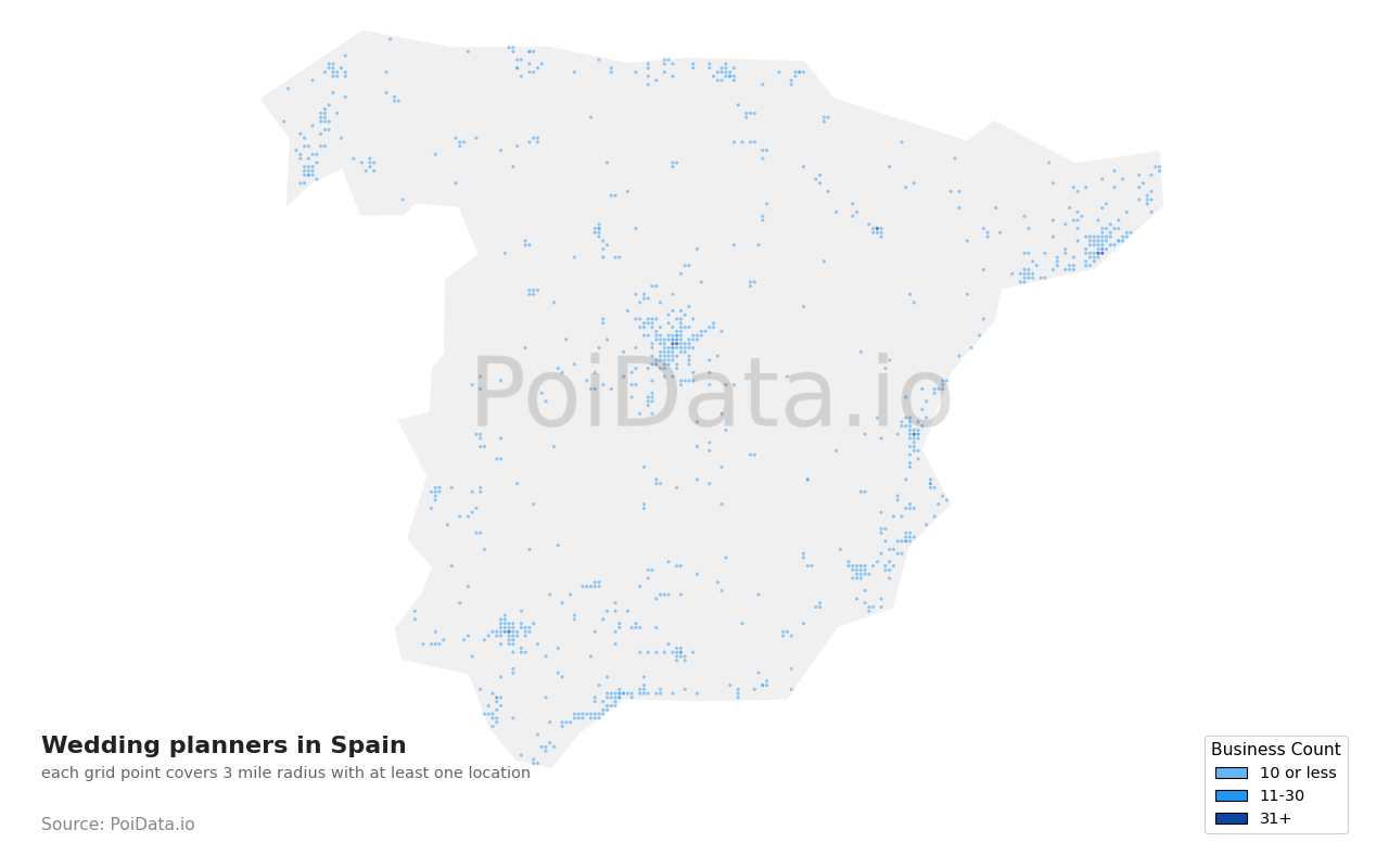 Wedding planner density map for Spain