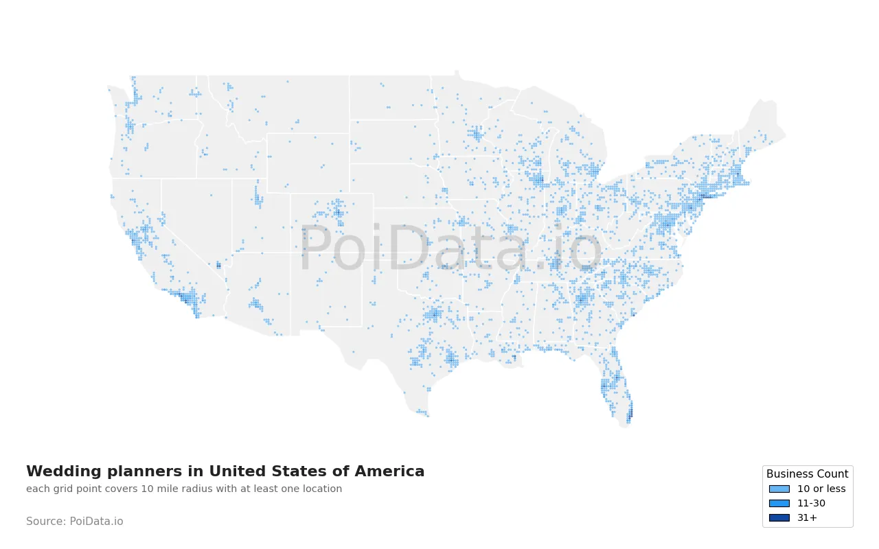 Wedding planner density map for United States