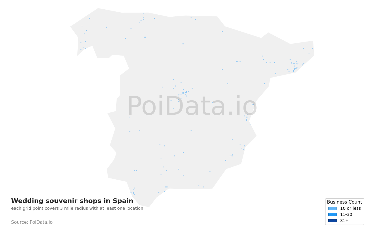 Wedding souvenir shop density map for Spain