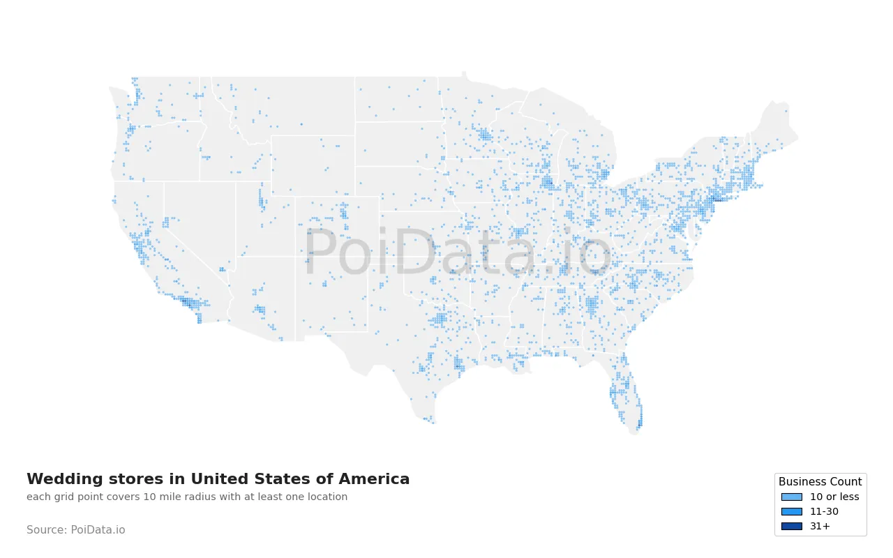 Wedding store density map for United States
