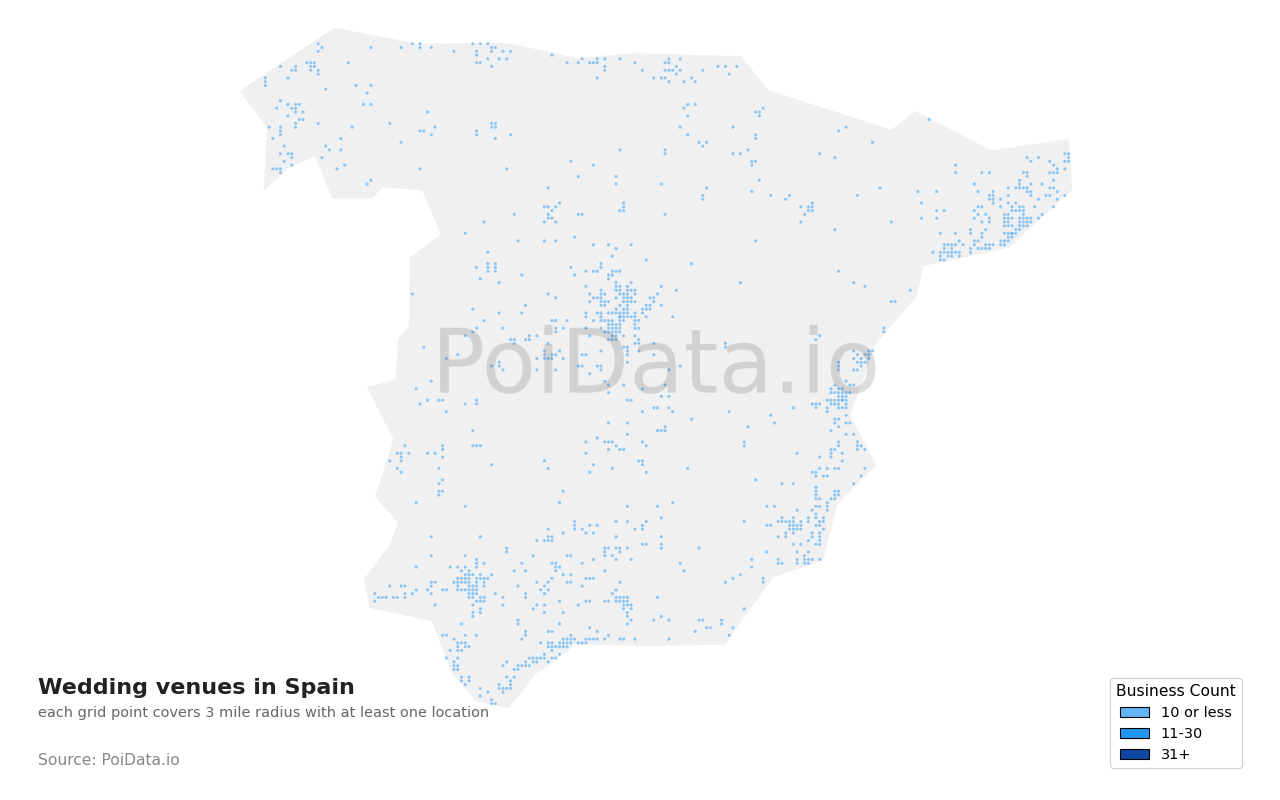 Wedding venue density map for Spain
