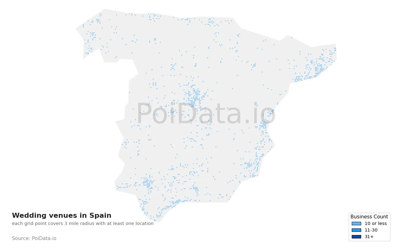 Wedding venue density map for Spain