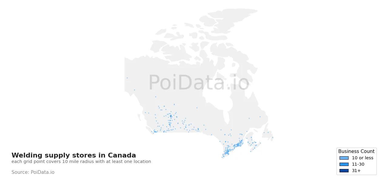Welding supply store density map for Canada